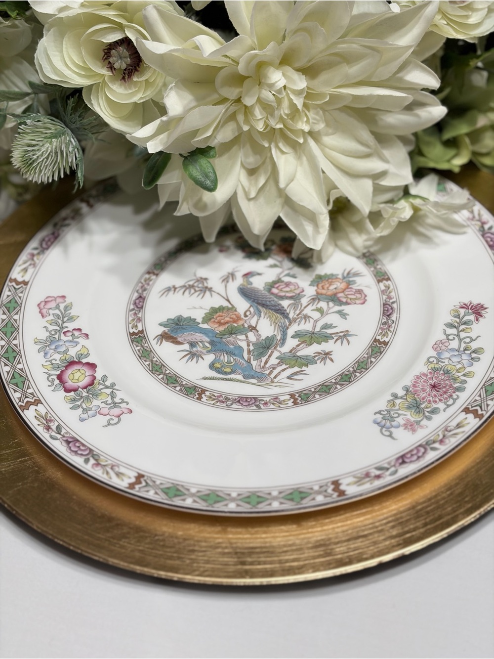 Wedgwood White Dinner Plate with Blue Peacock and Floral Accents